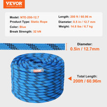VEVOR Static Climbing Rope 125, 150, 200ft - 32KN Strength, Low Stretch